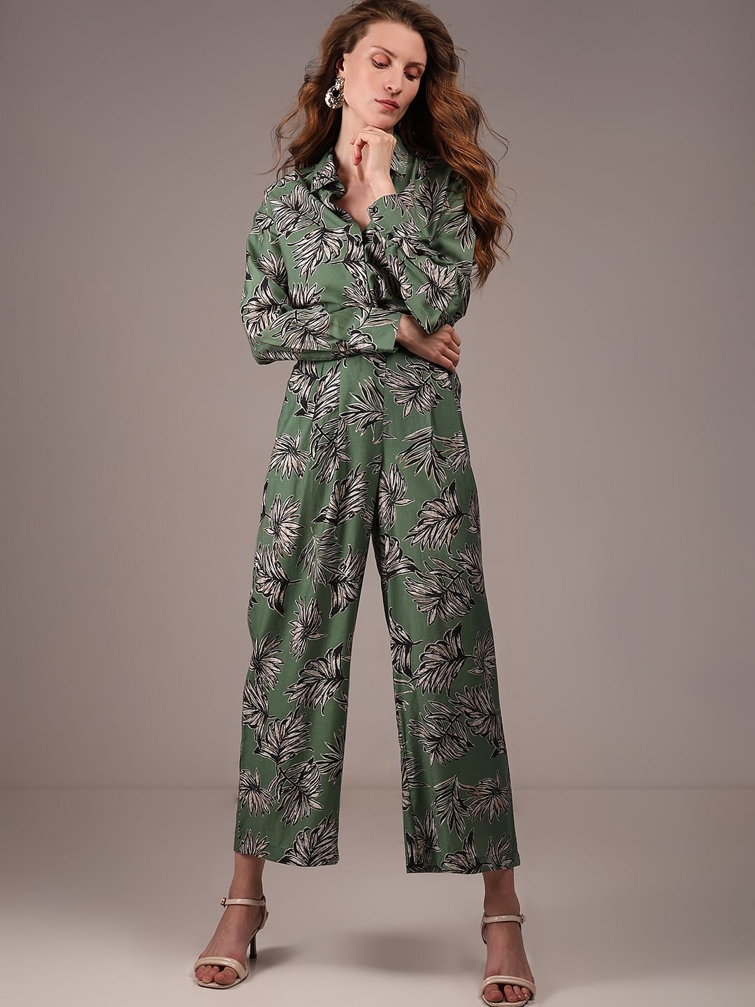 Green Leaf Print Co-Ord Set Pants