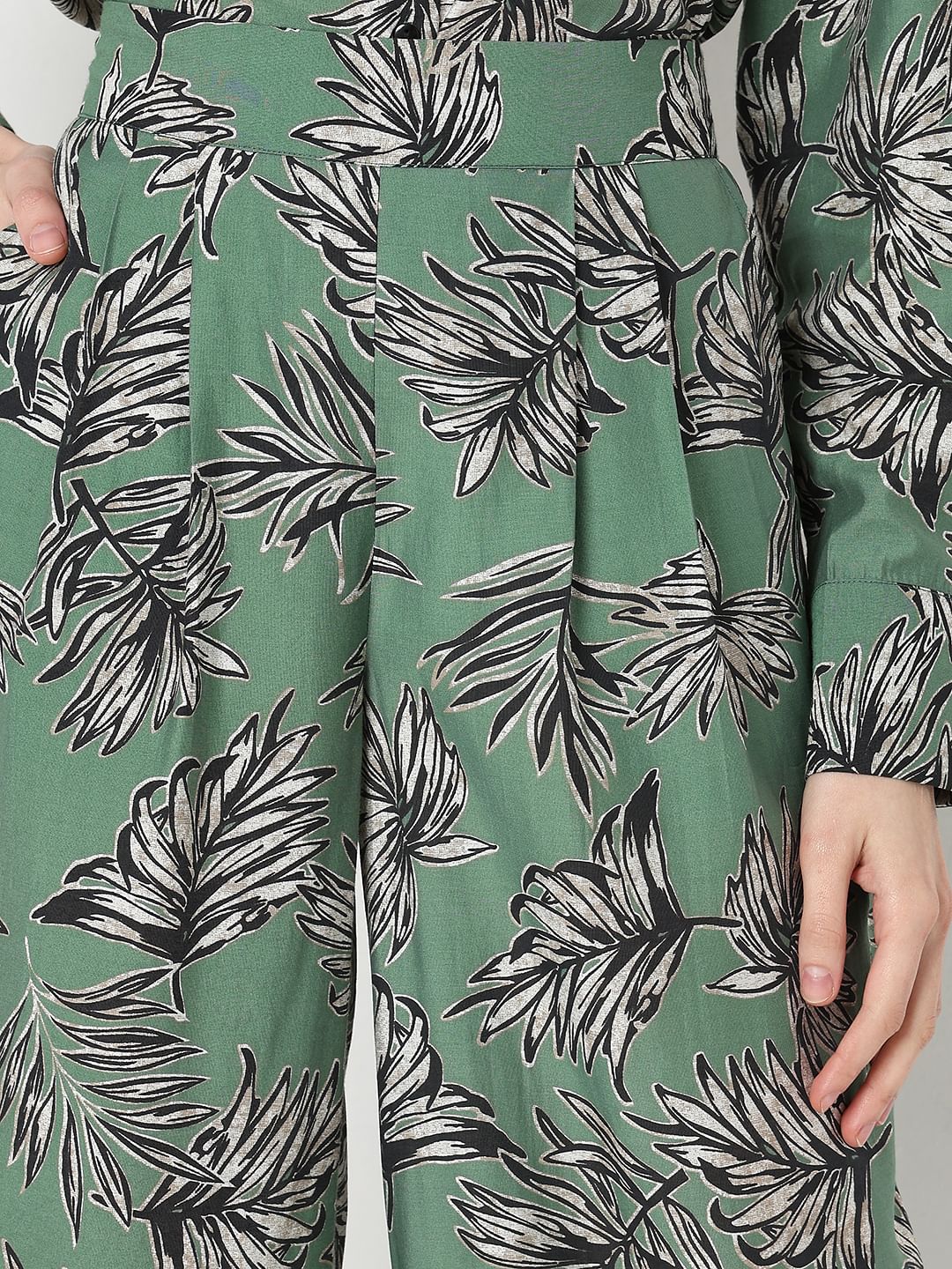 Green Leaf Print Co-Ord Set Pants