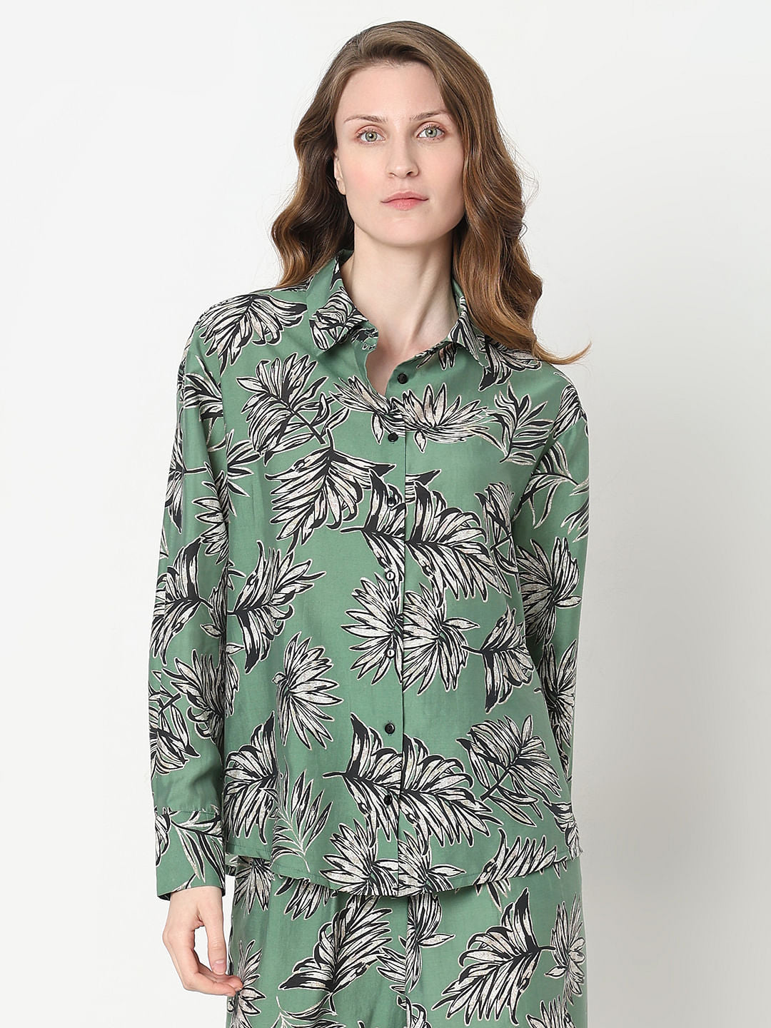 Green Leaf Print Co-Ord Set Shirt