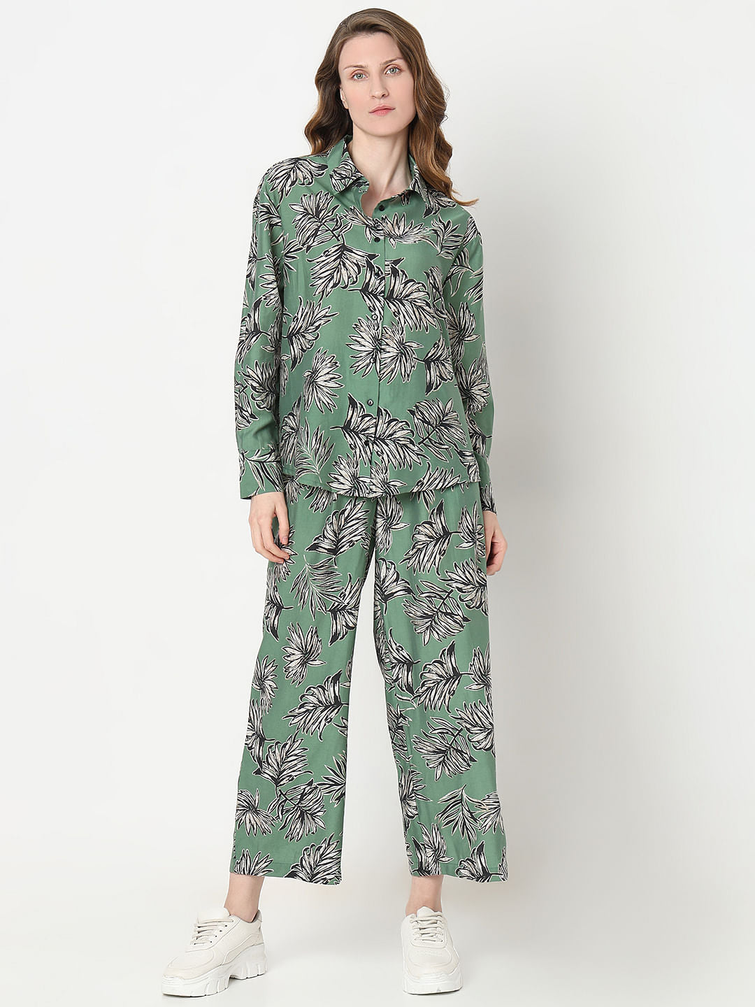 Green Leaf Print Co-Ord Set Shirt