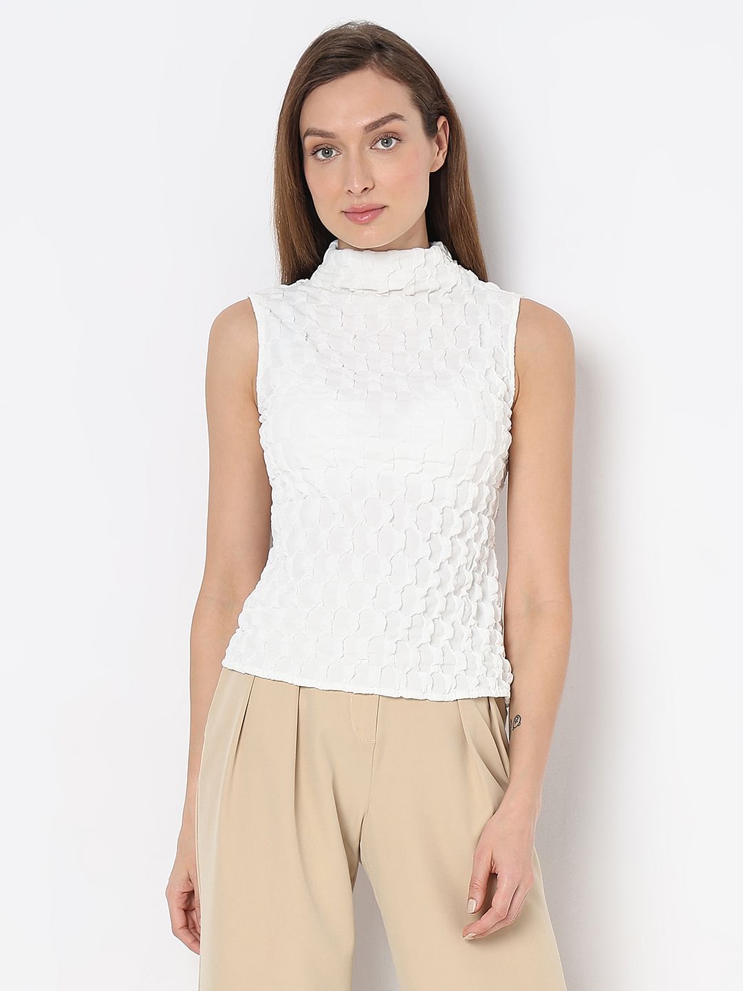 White High Neck Textured Top