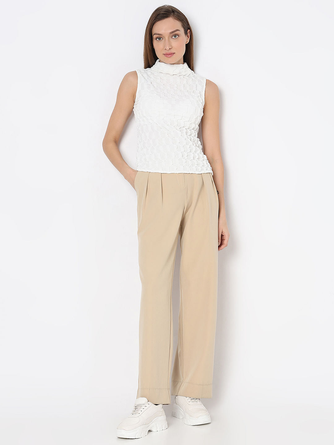 White High Neck Textured Top