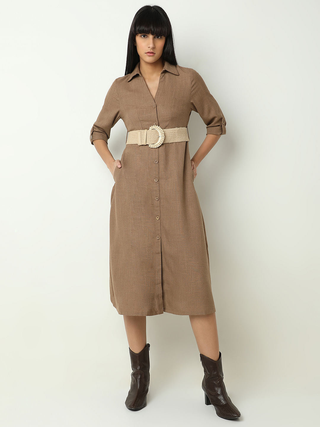 Brown Midi Shirt Dress