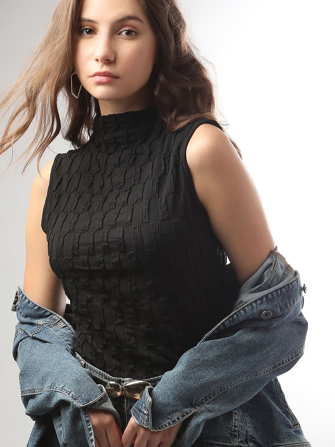 Black Textured High Neck Top