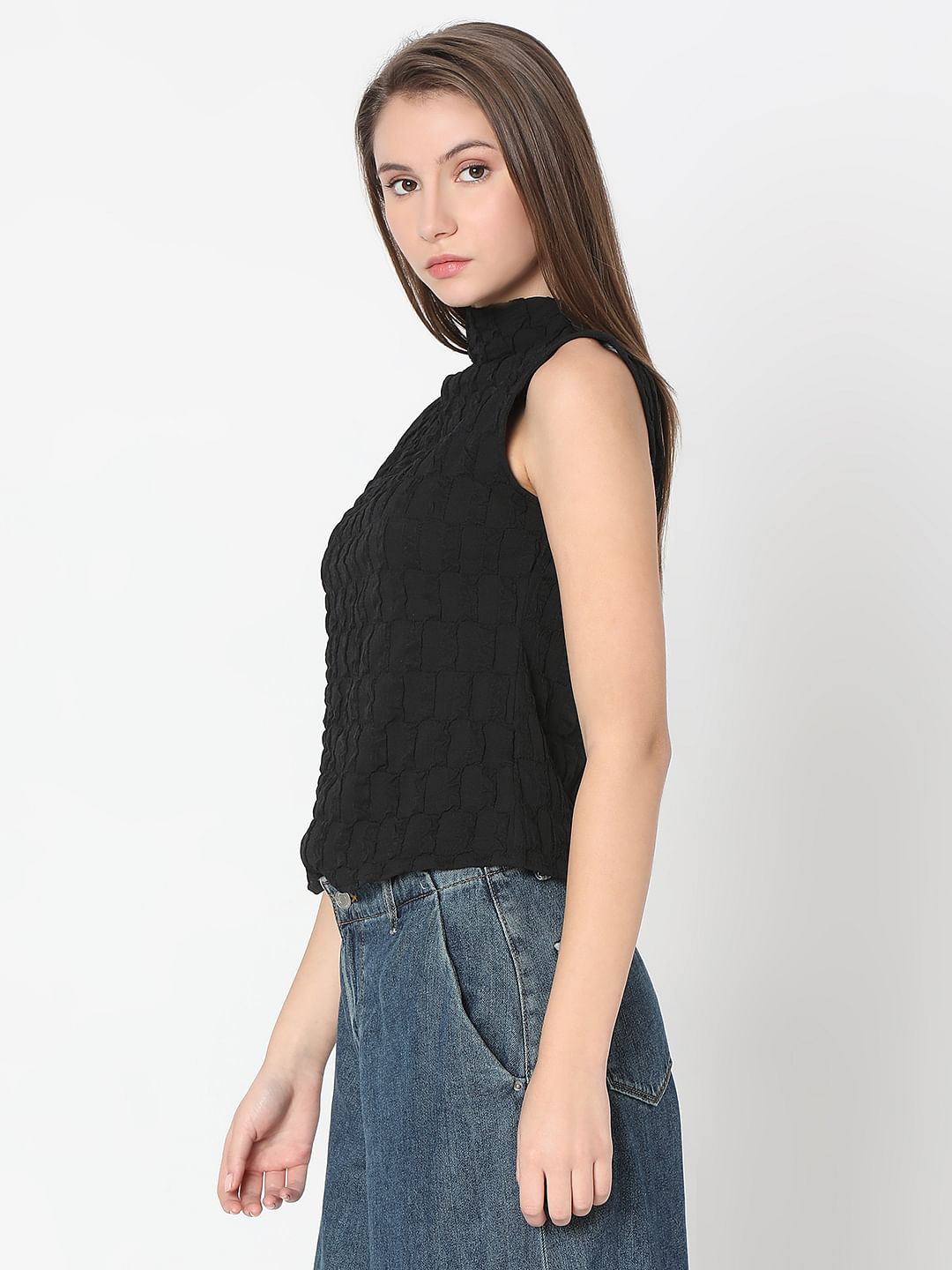 Black Textured High Neck Top