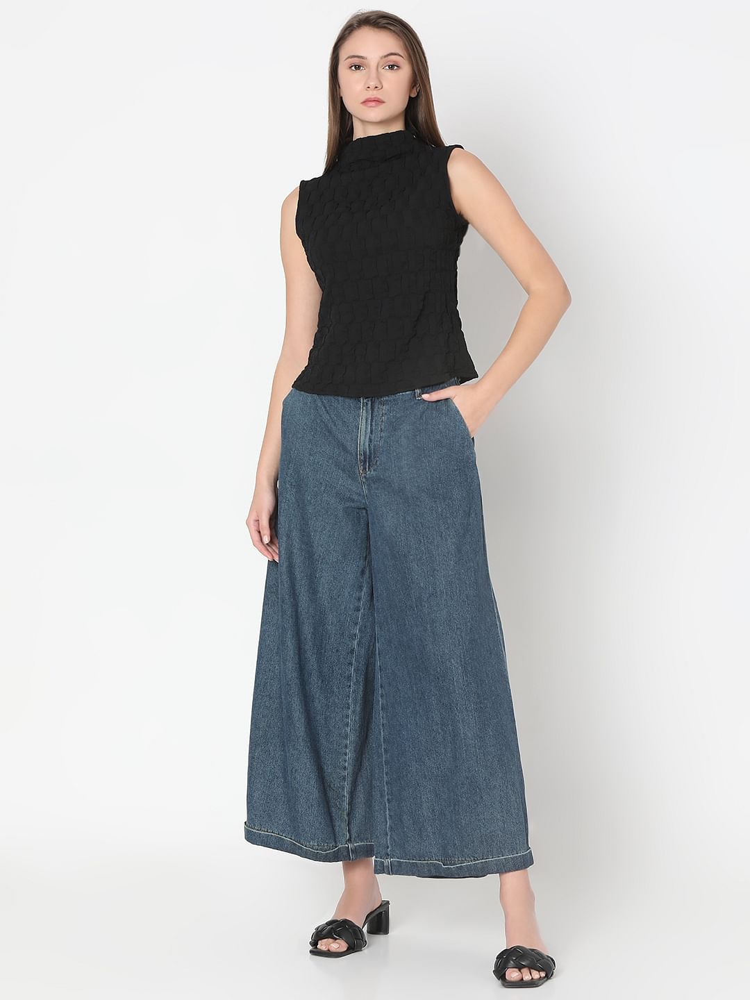 Black Textured High Neck Top