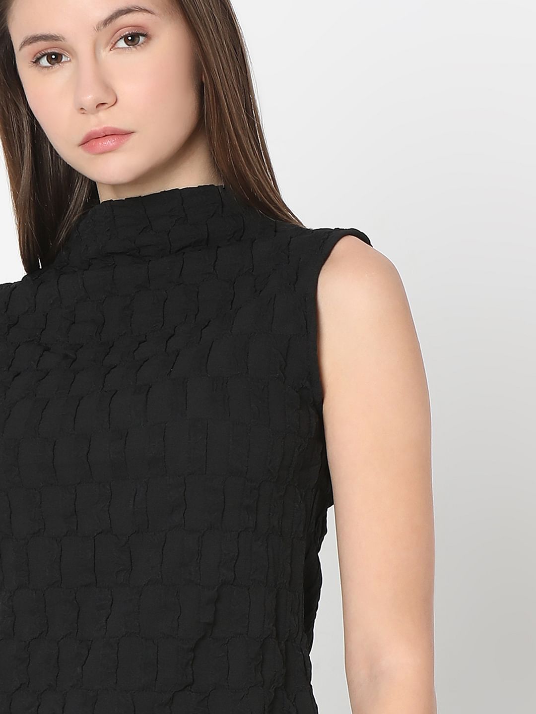 Black Textured High Neck Top