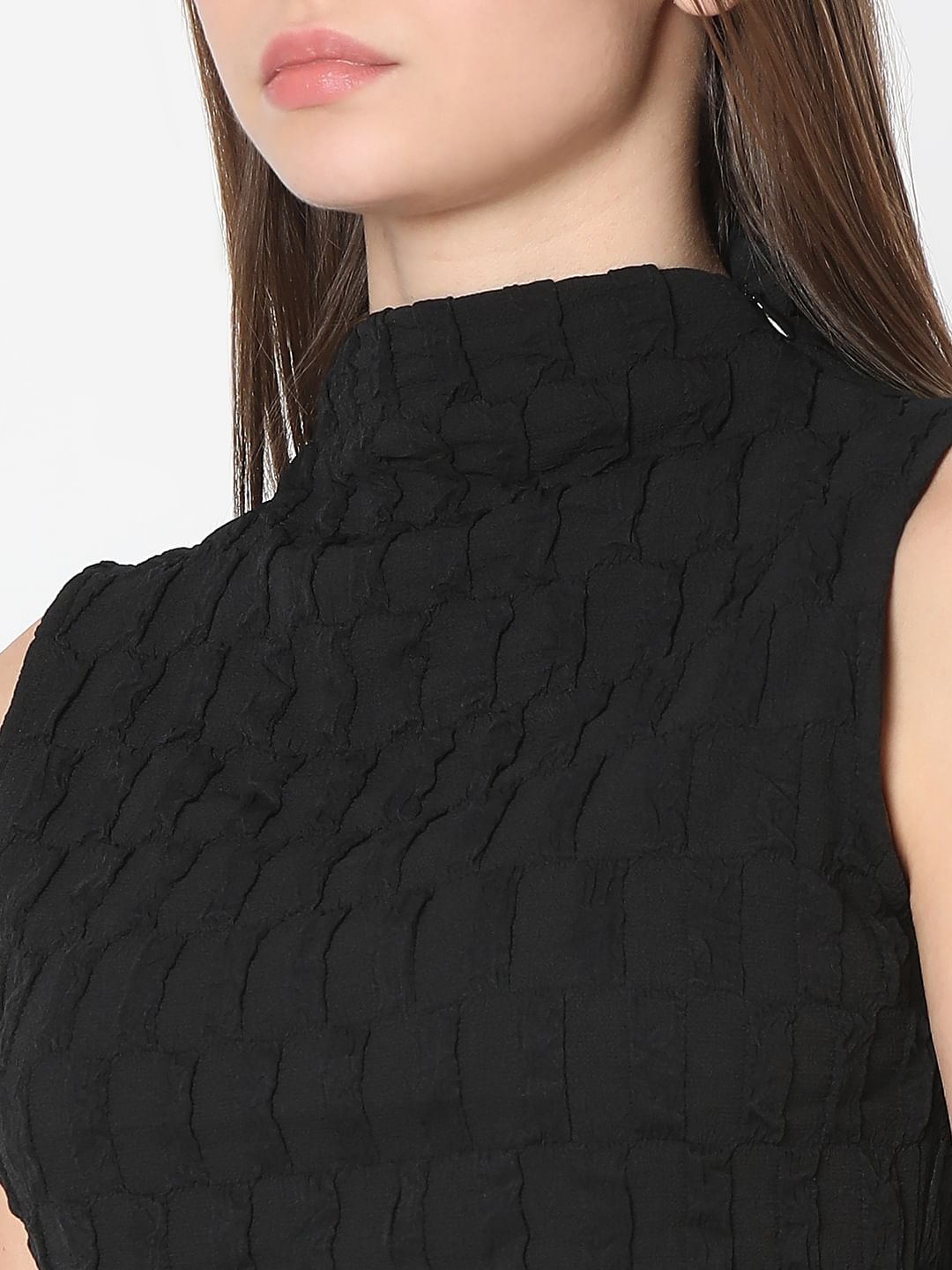 Black Textured High Neck Top