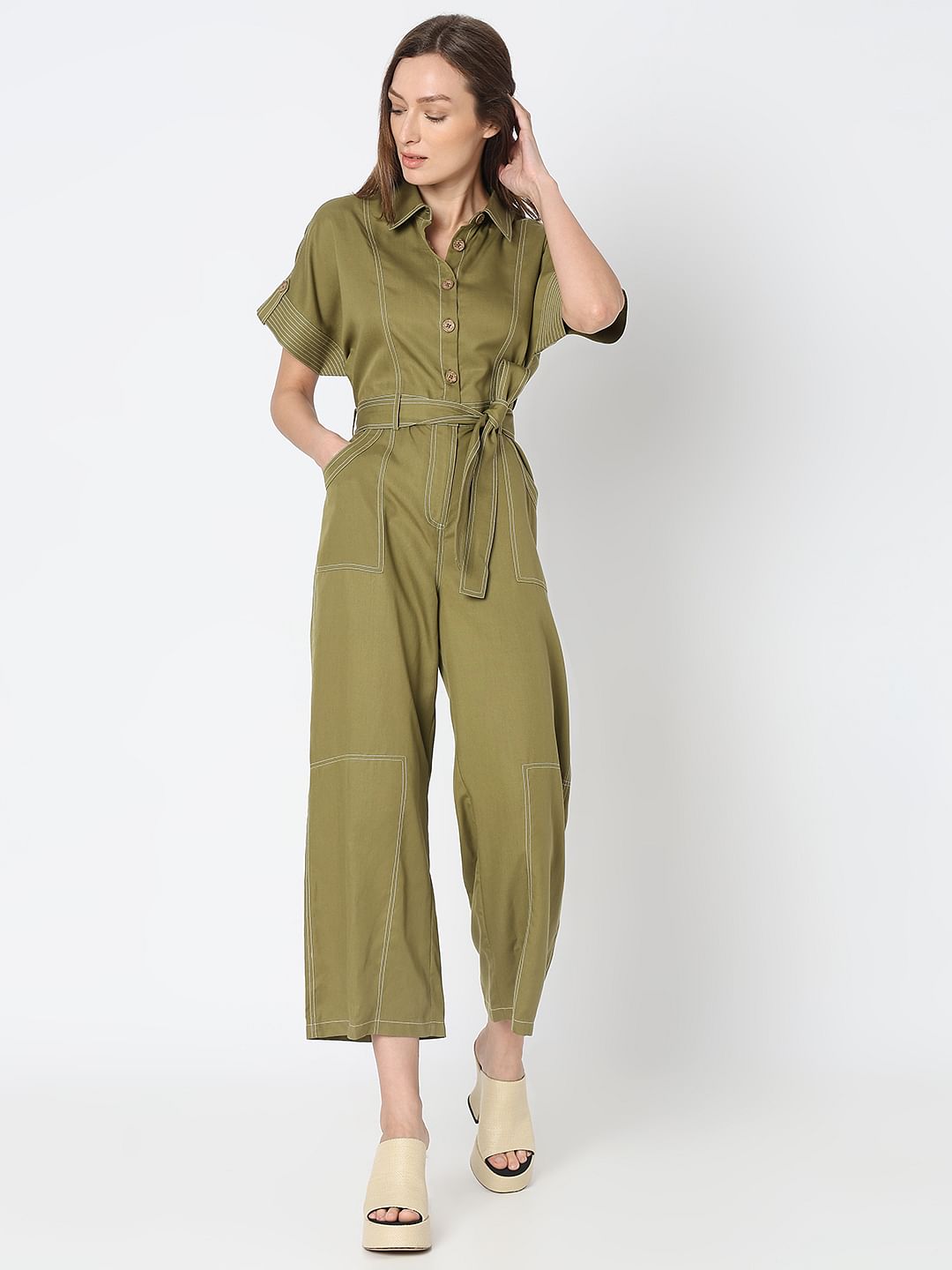 Green Contrast Stitch Jumpsuit