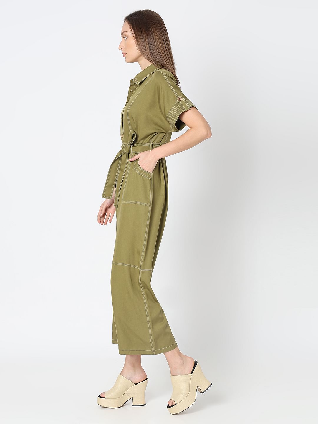 Green Contrast Stitch Jumpsuit
