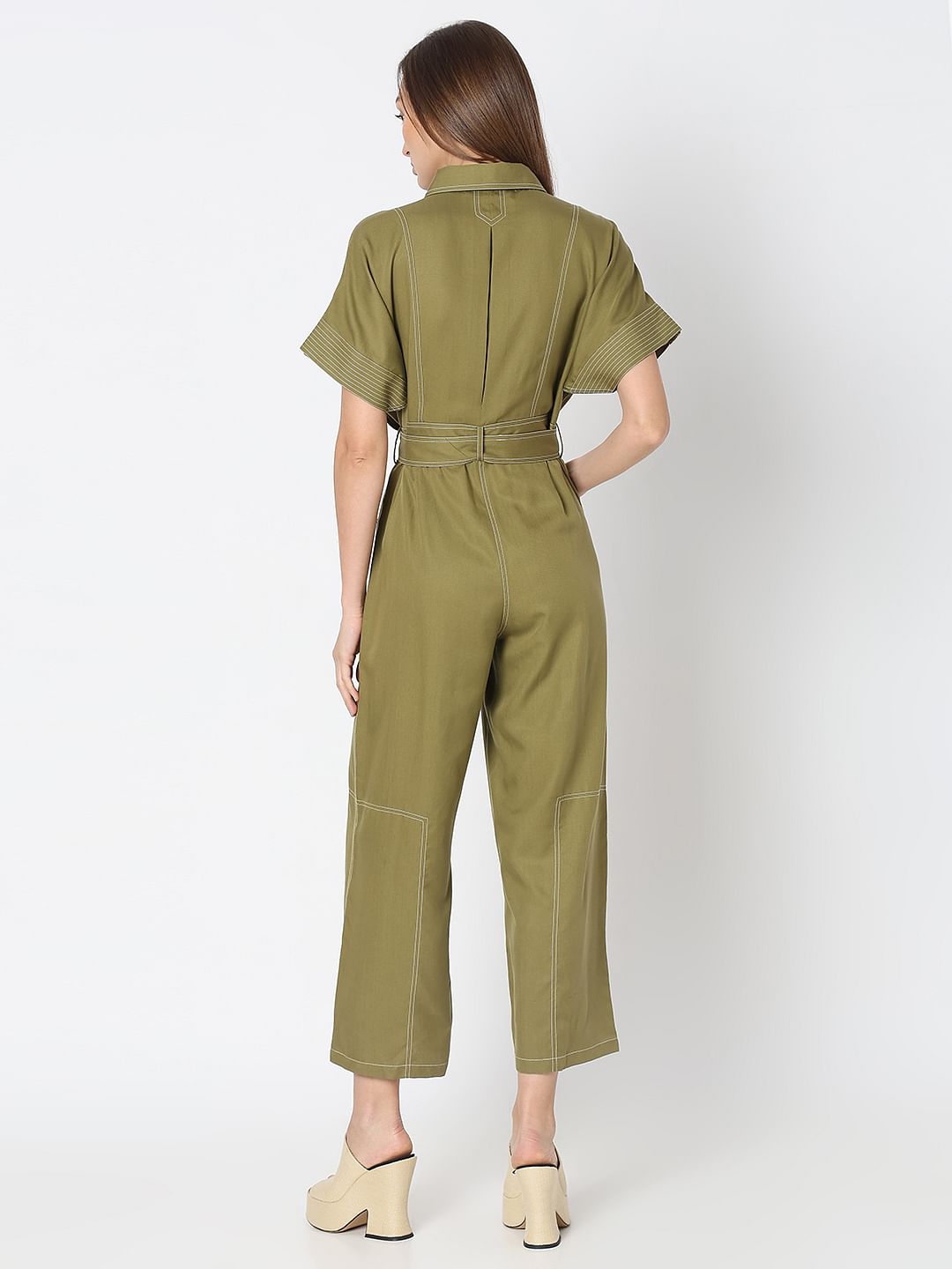 Green Contrast Stitch Jumpsuit