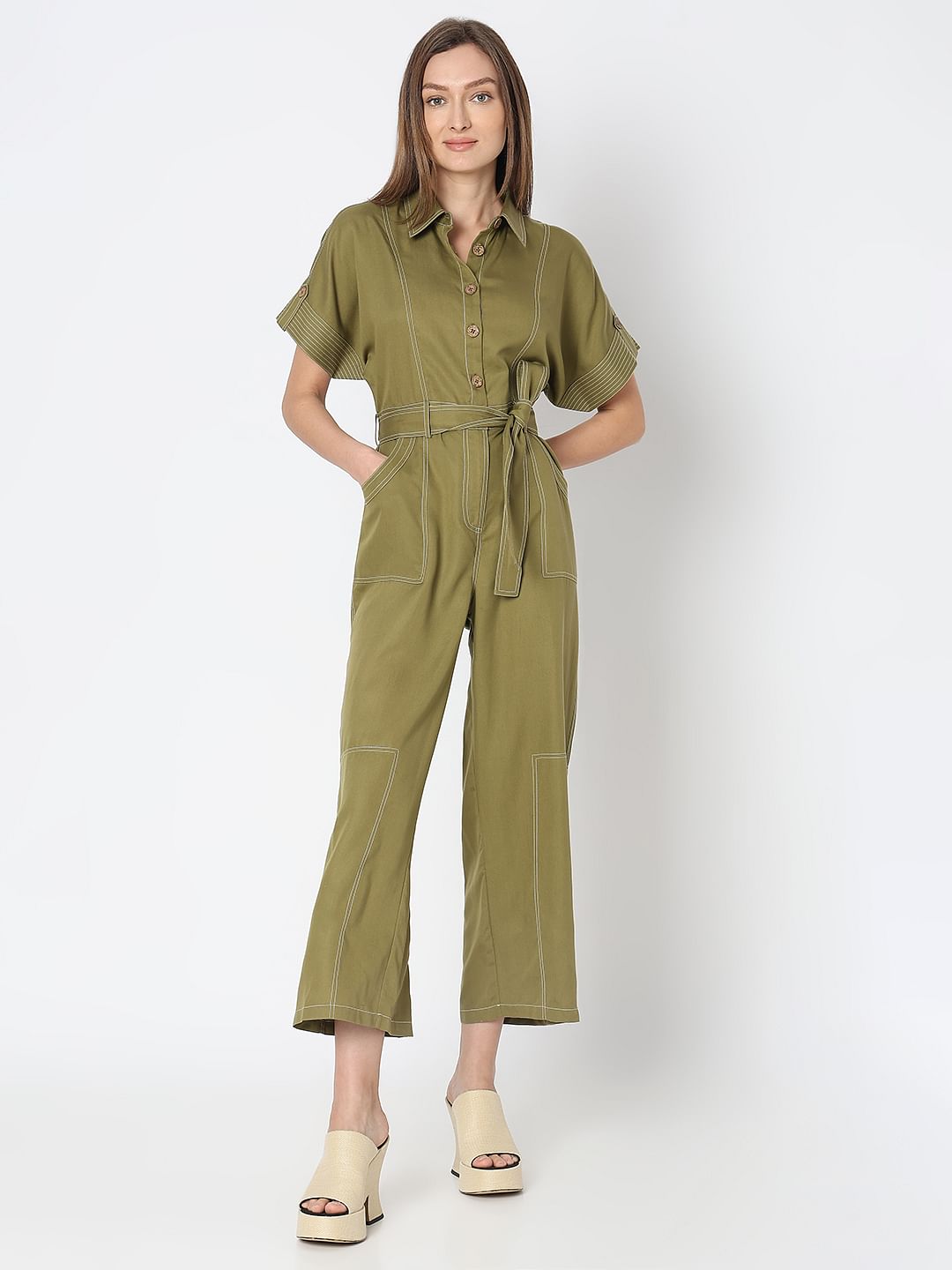 Green Contrast Stitch Jumpsuit