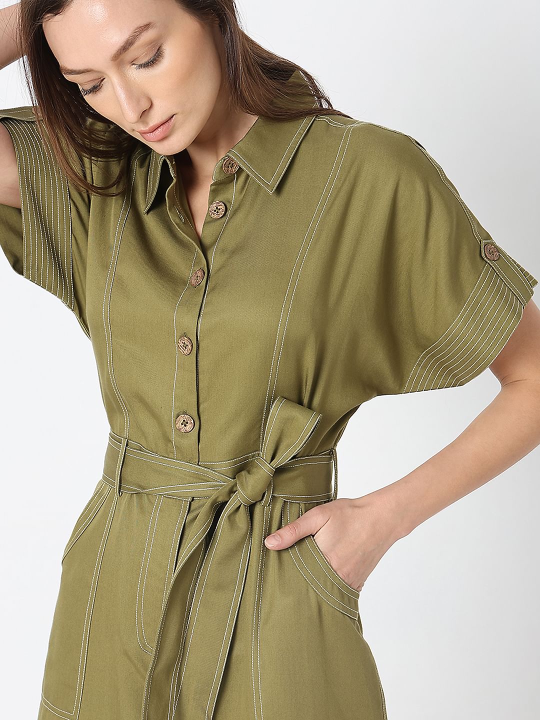 Green Contrast Stitch Jumpsuit