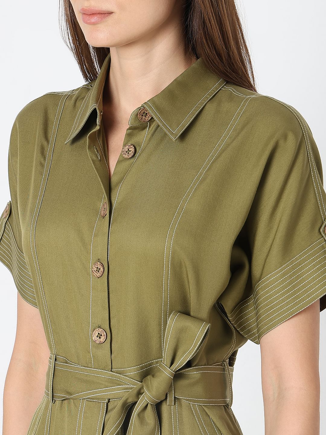 Green Contrast Stitch Jumpsuit