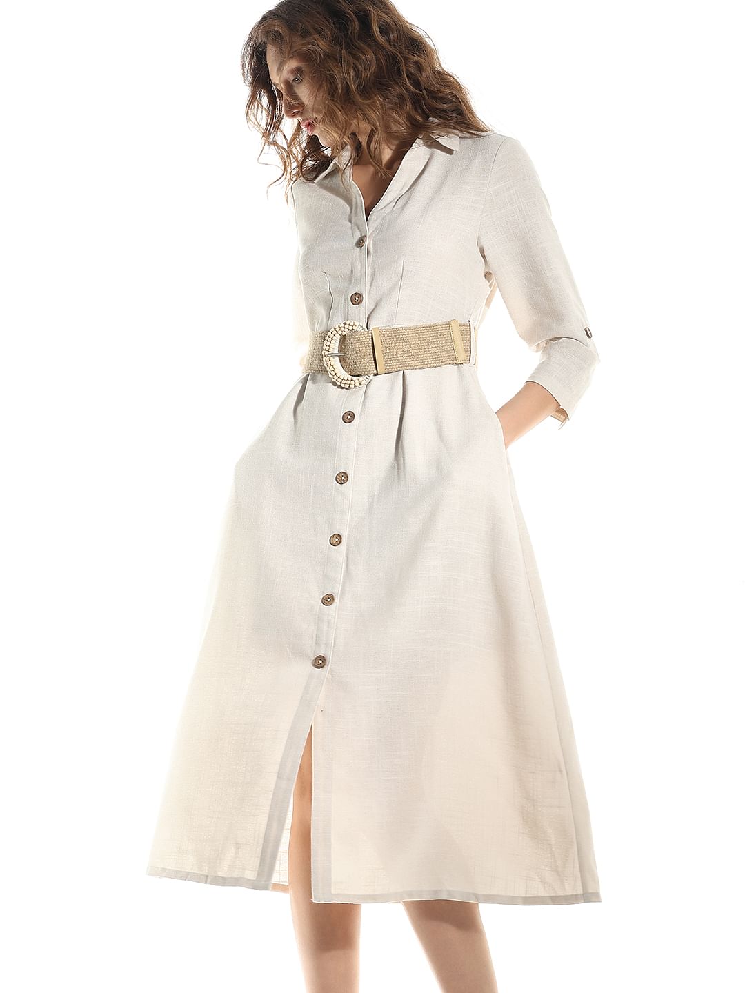 Light Beige Linen Shirt Dress