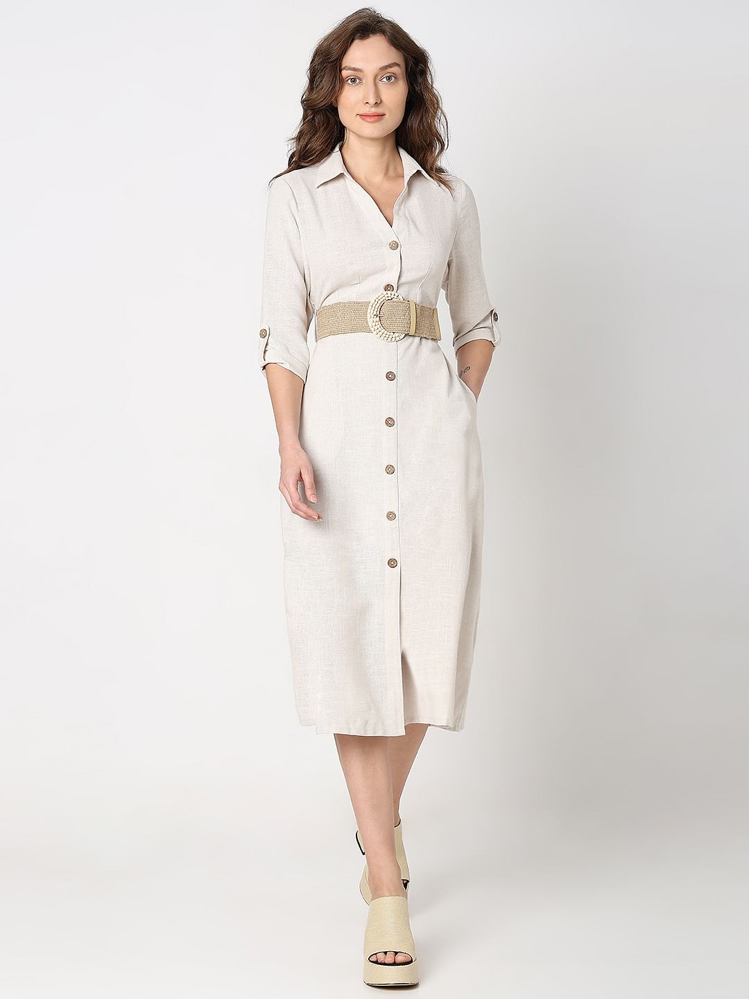 Light Beige Linen Shirt Dress
