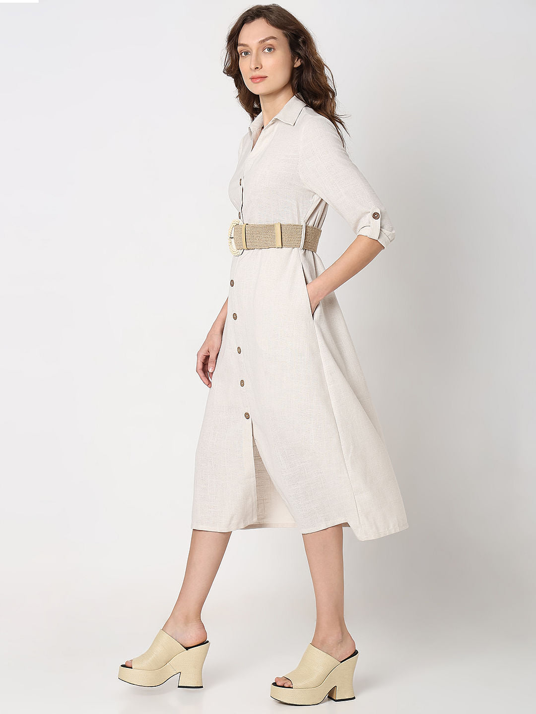 Light Beige Linen Shirt Dress