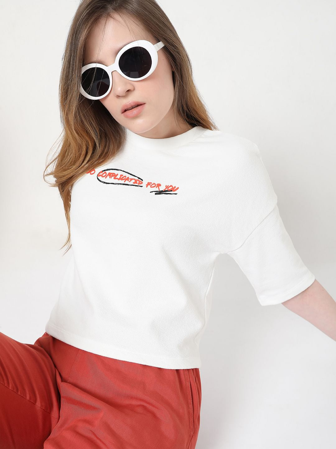 White Graphic Print Cropped T-Shirt