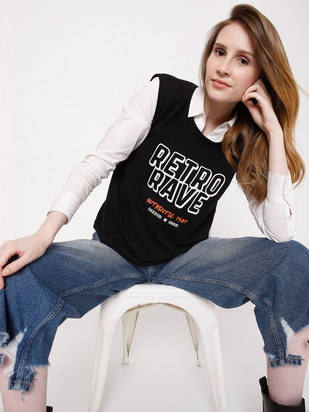 Black Sleeveless Text Print T-Shirt