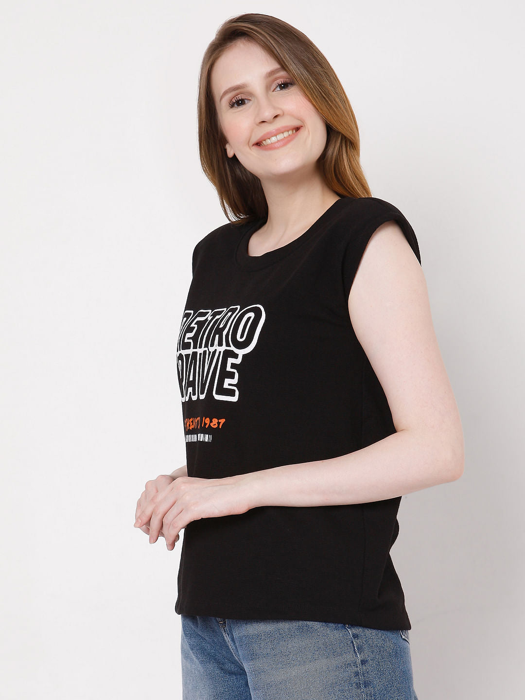 Black Sleeveless Text Print T-Shirt