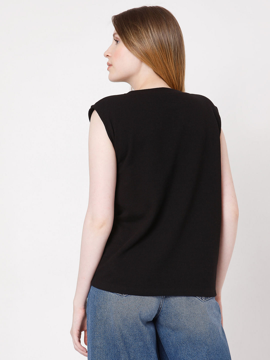 Black Sleeveless Text Print T-Shirt