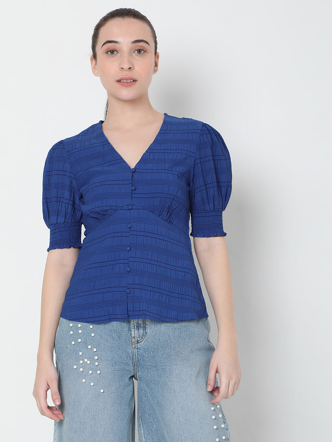 Blue Textured V-Neck Top