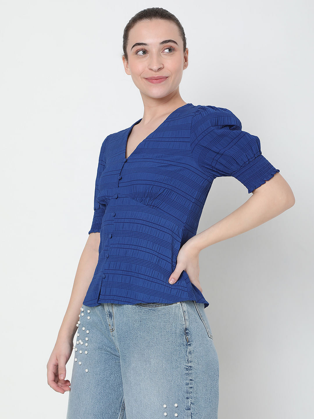 Blue Textured V-Neck Top