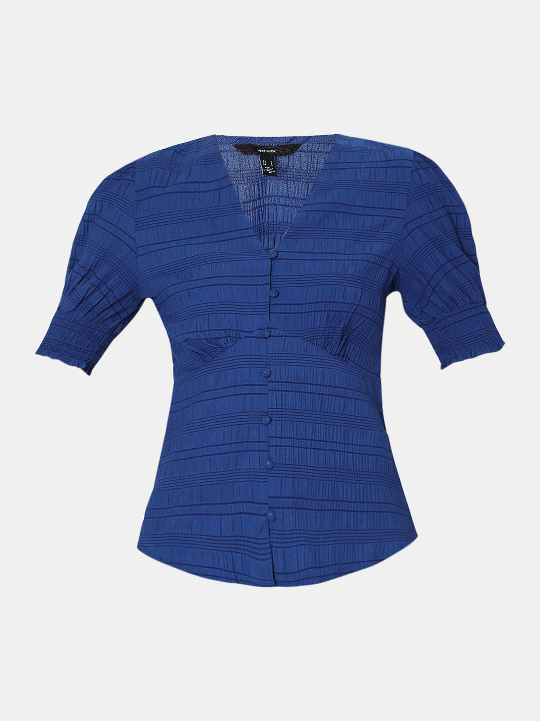Blue Textured V-Neck Top