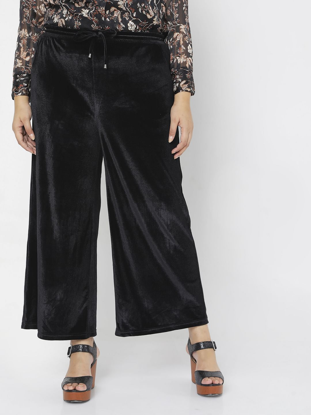 Curve Black Velvet Wide Leg Pants