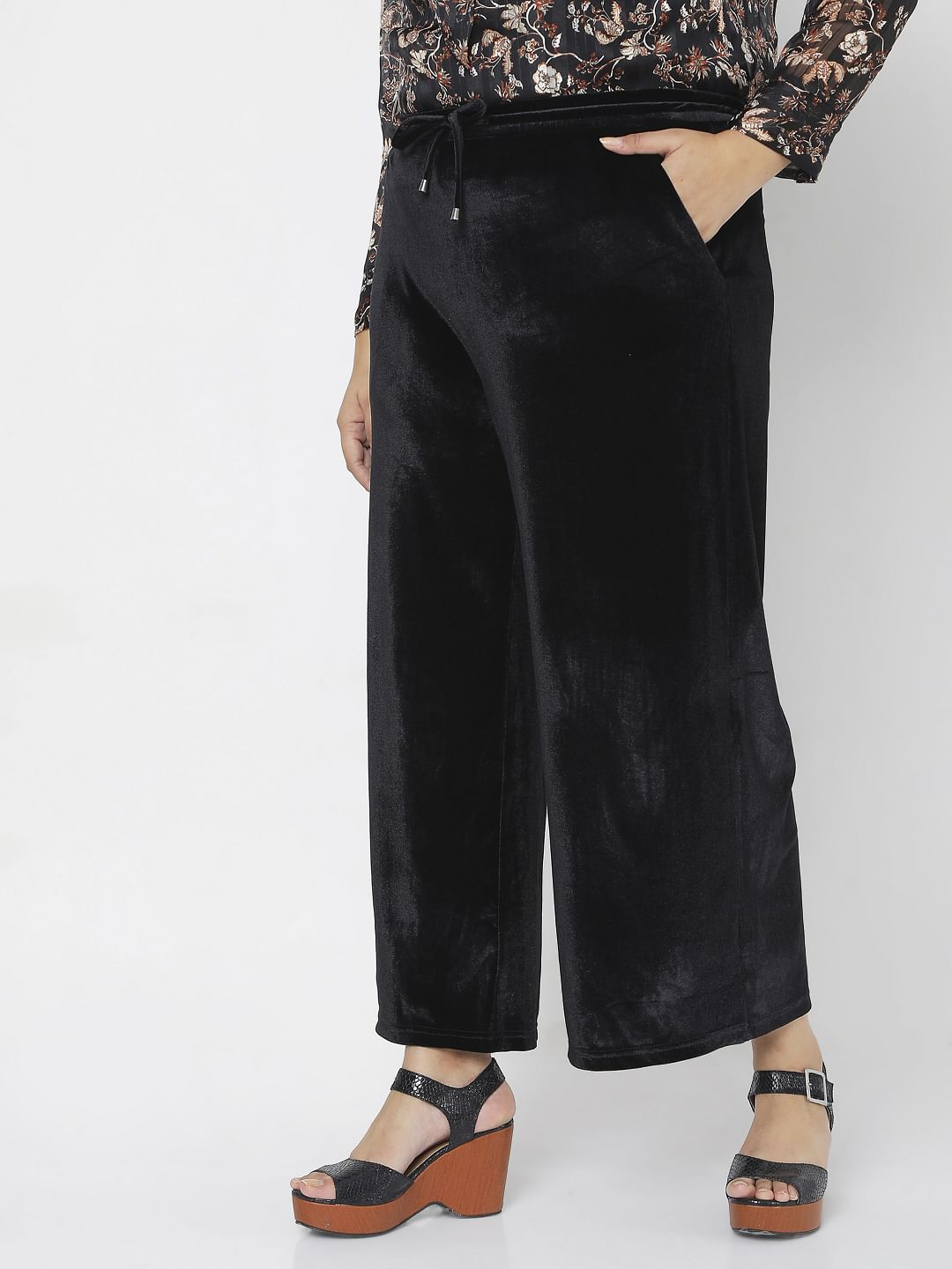 Curve Black Velvet Wide Leg Pants