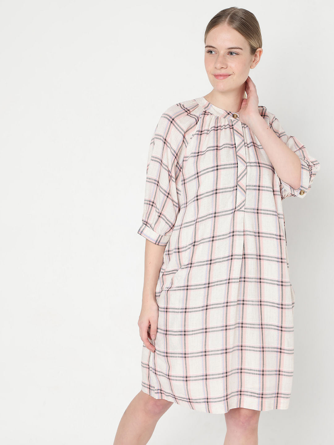 Light Pink Checks Shift Dress