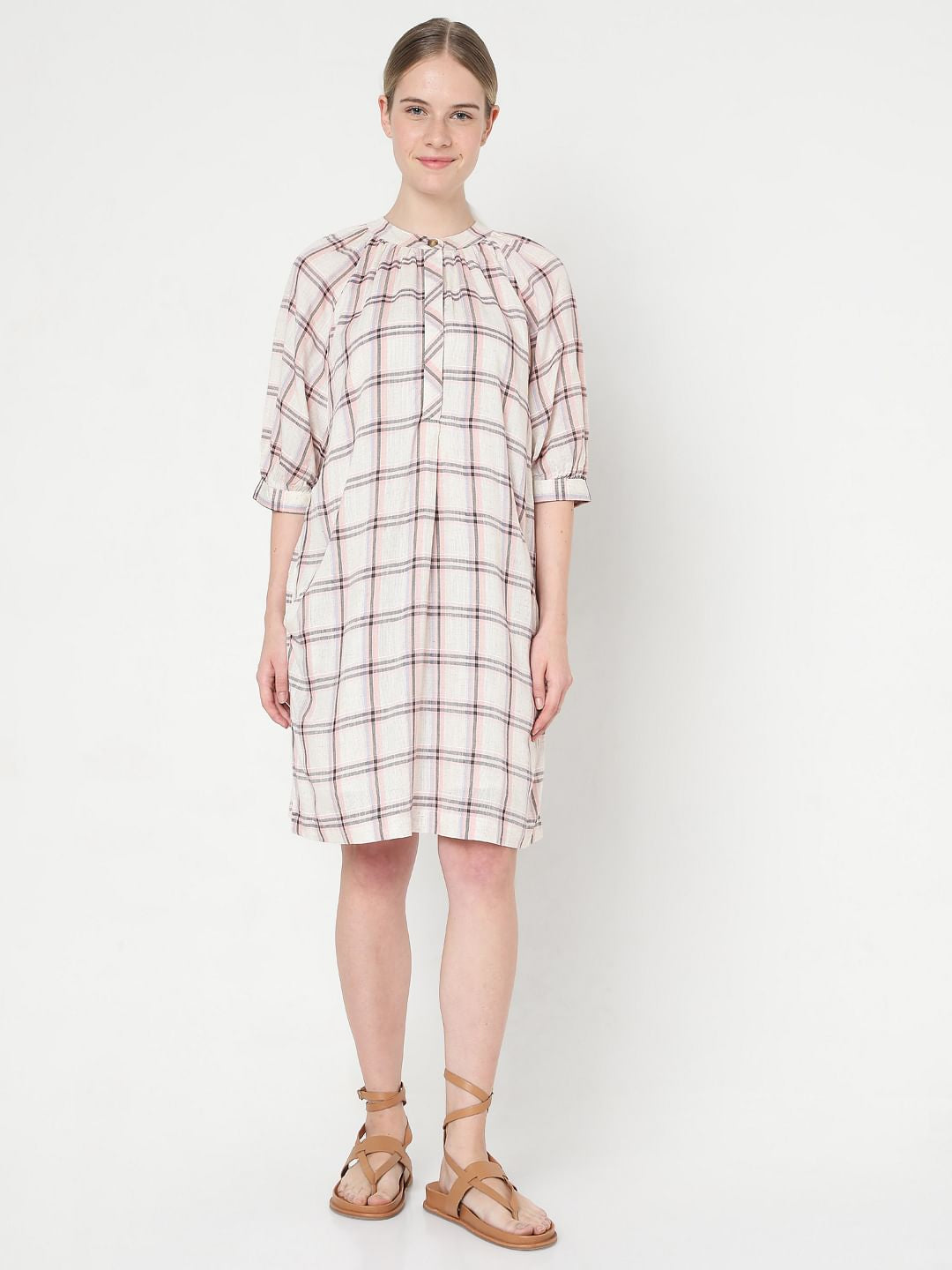 Light Pink Checks Shift Dress