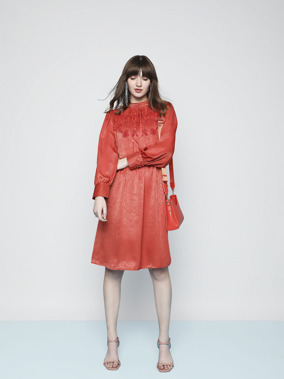 Rust Satin Fit & Flare Dress