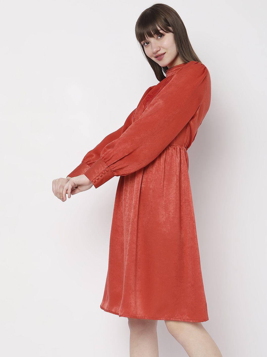 Rust Satin Fit & Flare Dress