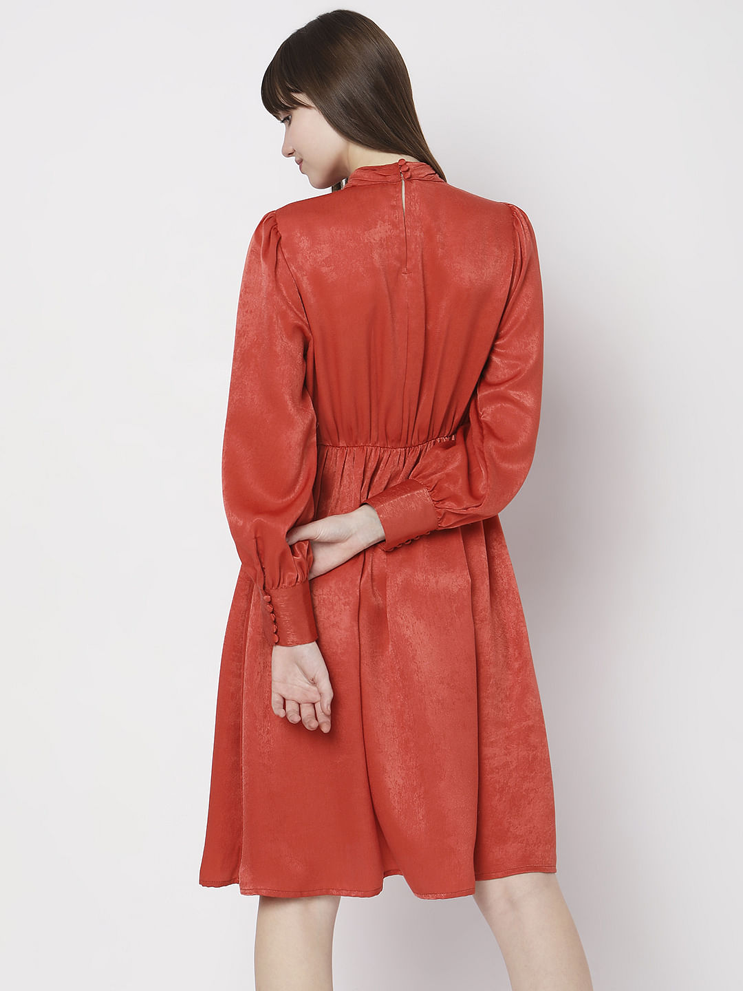 Rust Satin Fit & Flare Dress