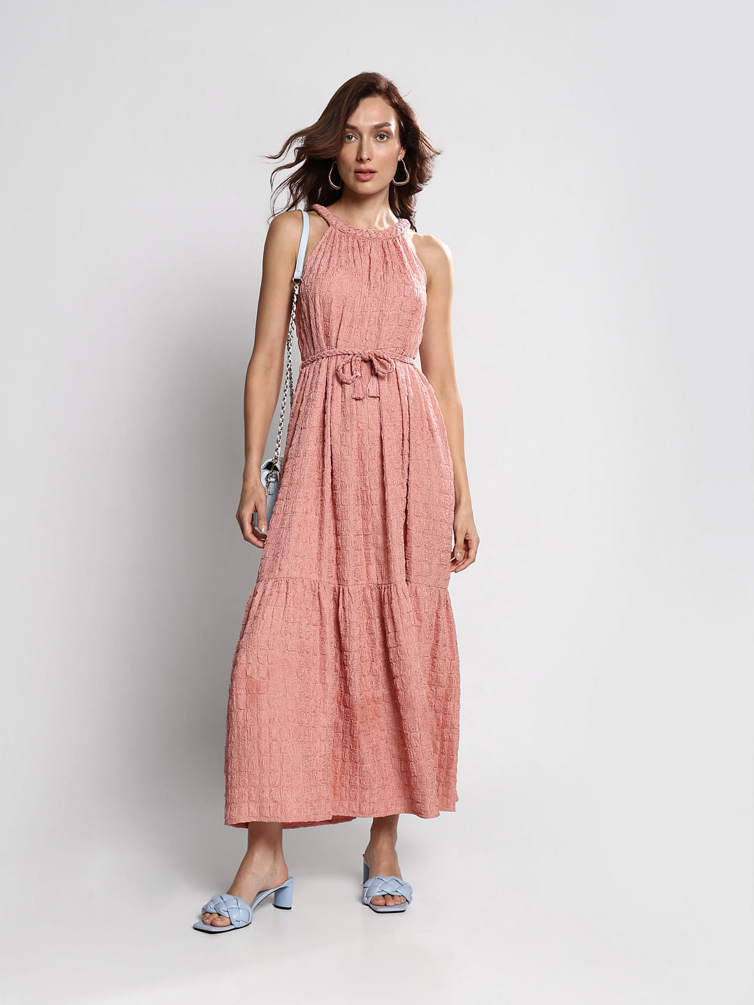 Pink Textured Tiered Maxi Dress