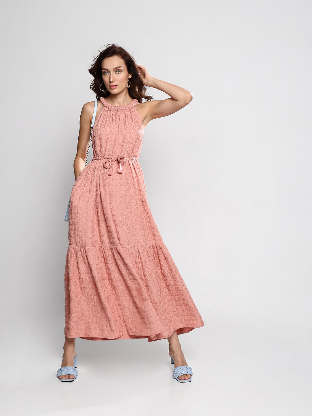 Pink Textured Tiered Maxi Dress