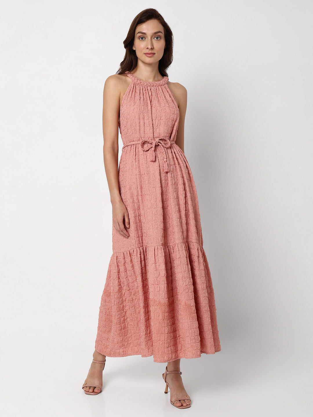 Pink Textured Tiered Maxi Dress