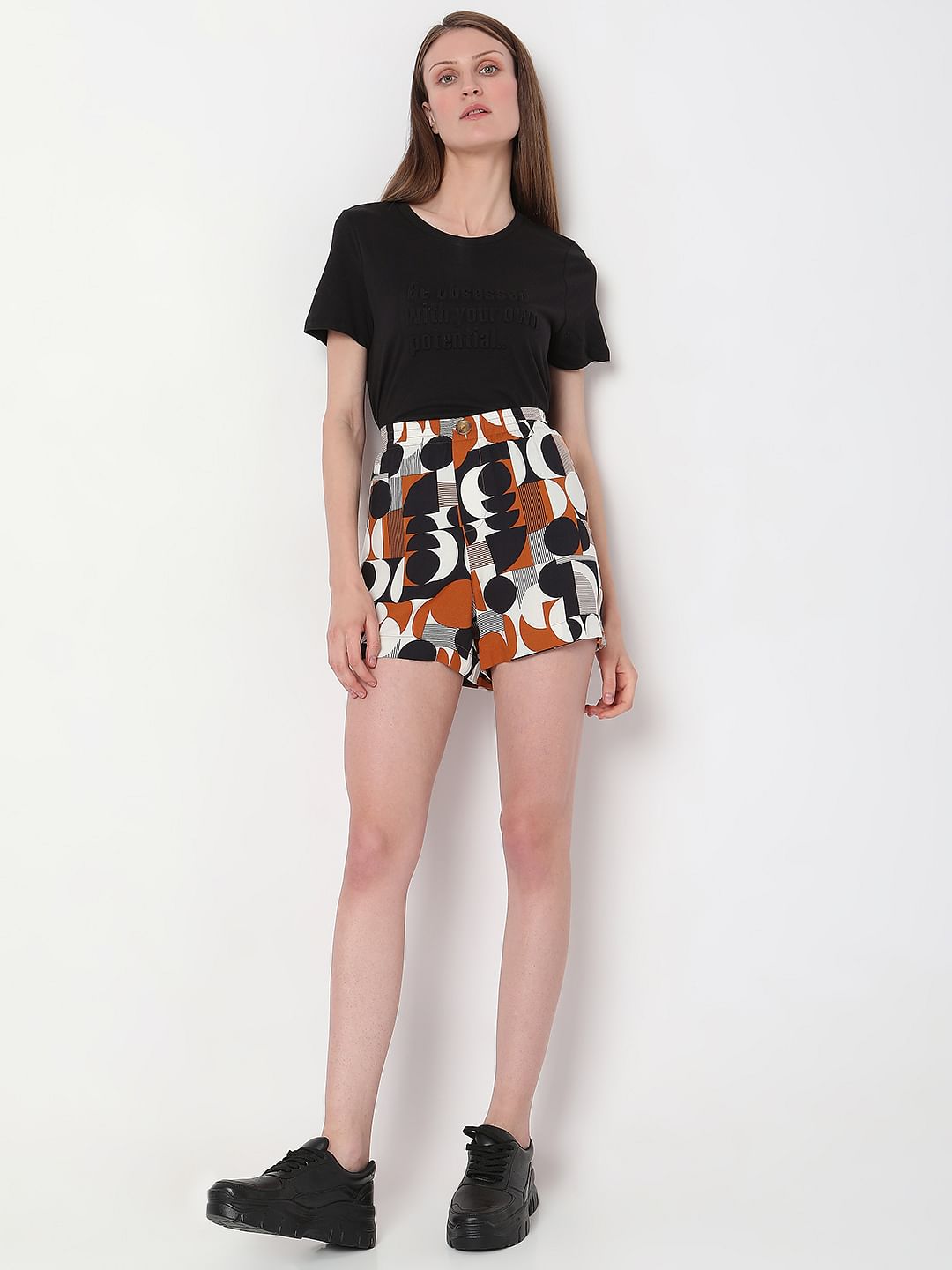 Brown Mid Rise Printed Shorts