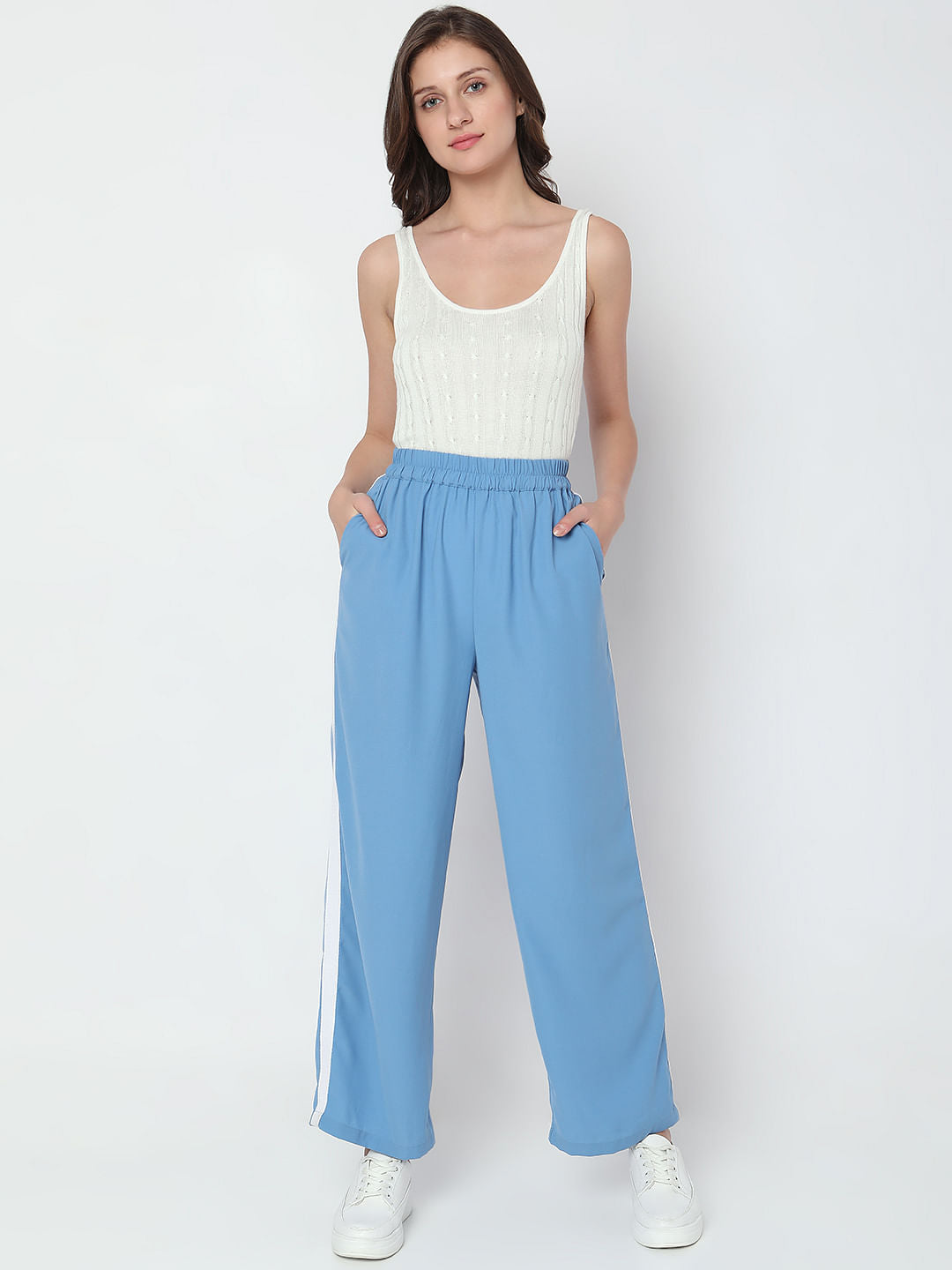 Blue Mid Rise Wide Leg Pants