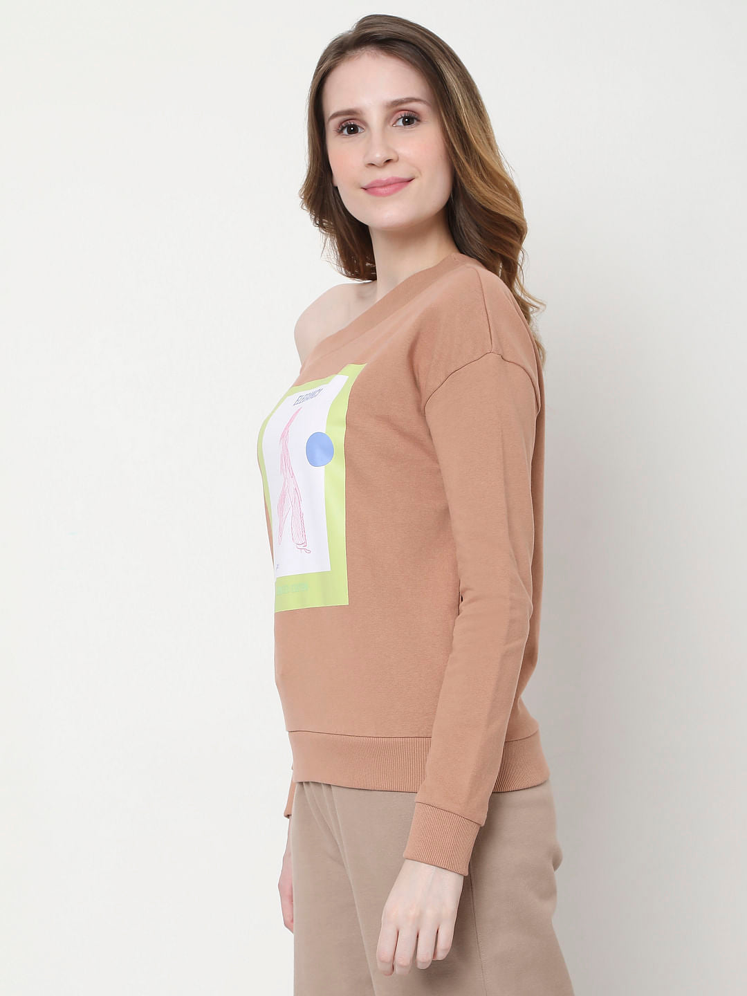 Dusty Pink One Shoulder Graphic Print Sweatshirt