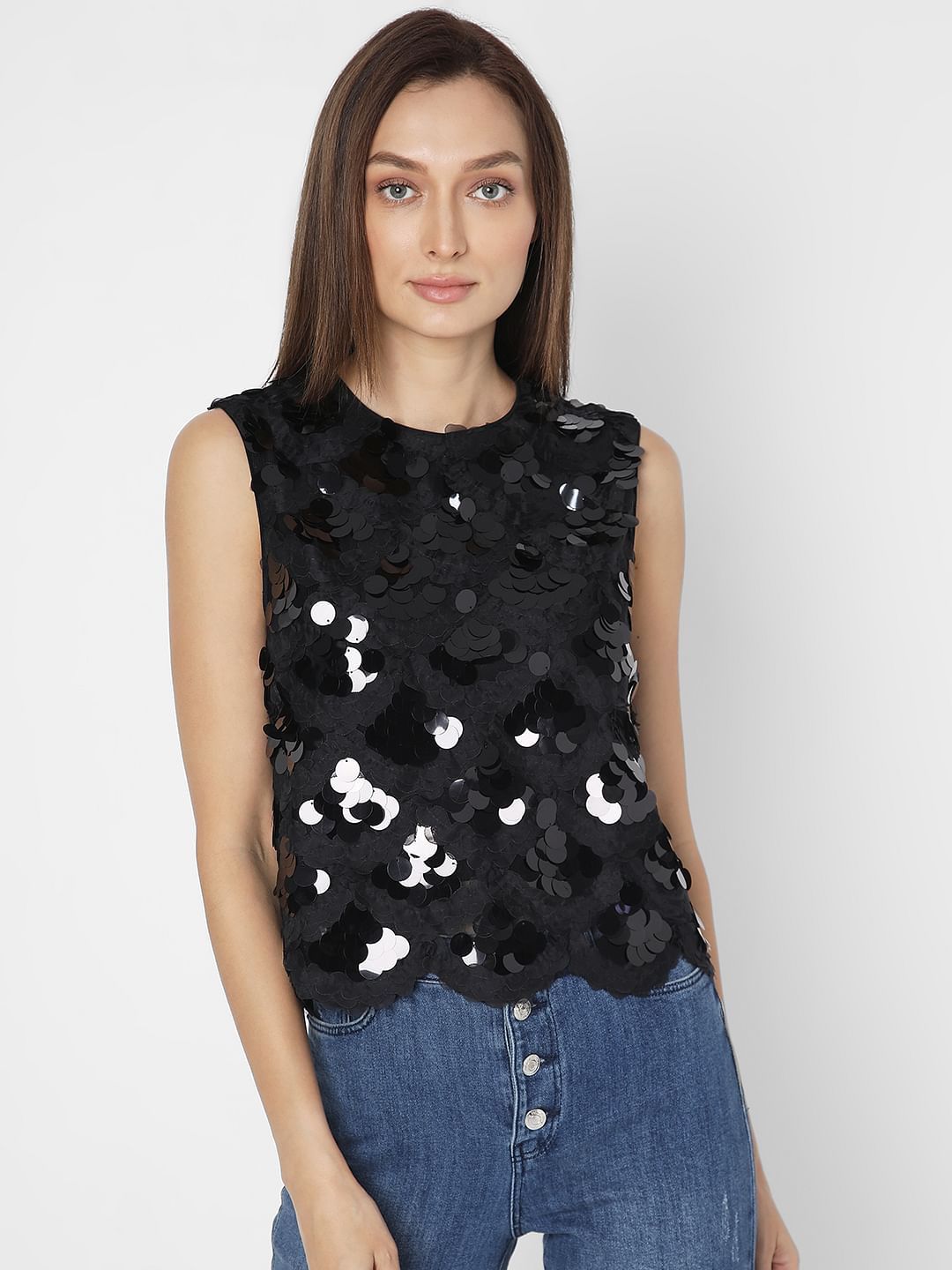 Black Sequin Detail Sleeveless Top