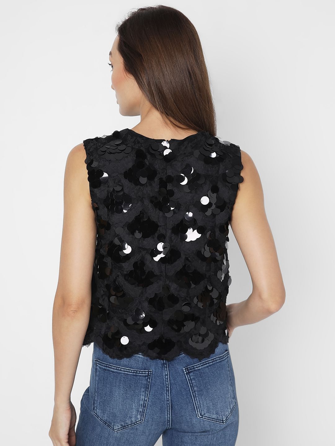 Black Sequin Detail Sleeveless Top