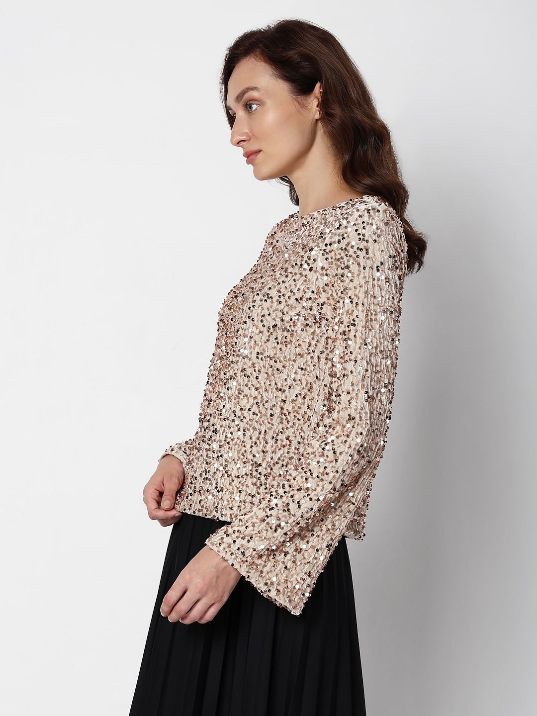 Beige Sequinned Boat Neck Top