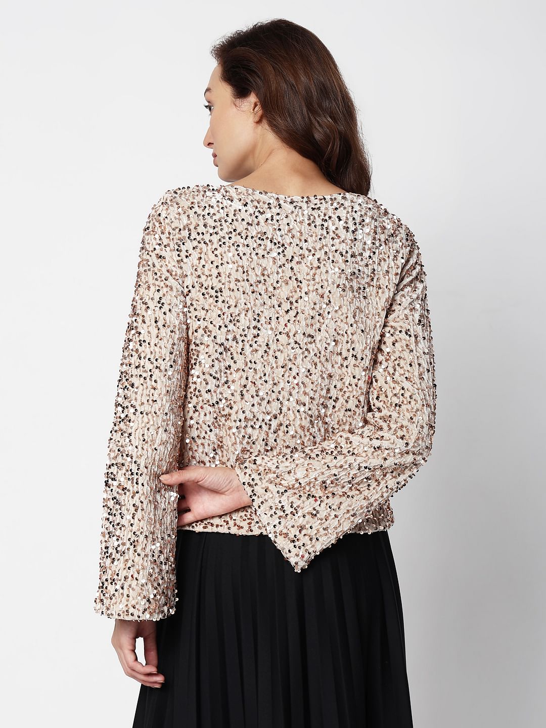 Beige Sequinned Boat Neck Top