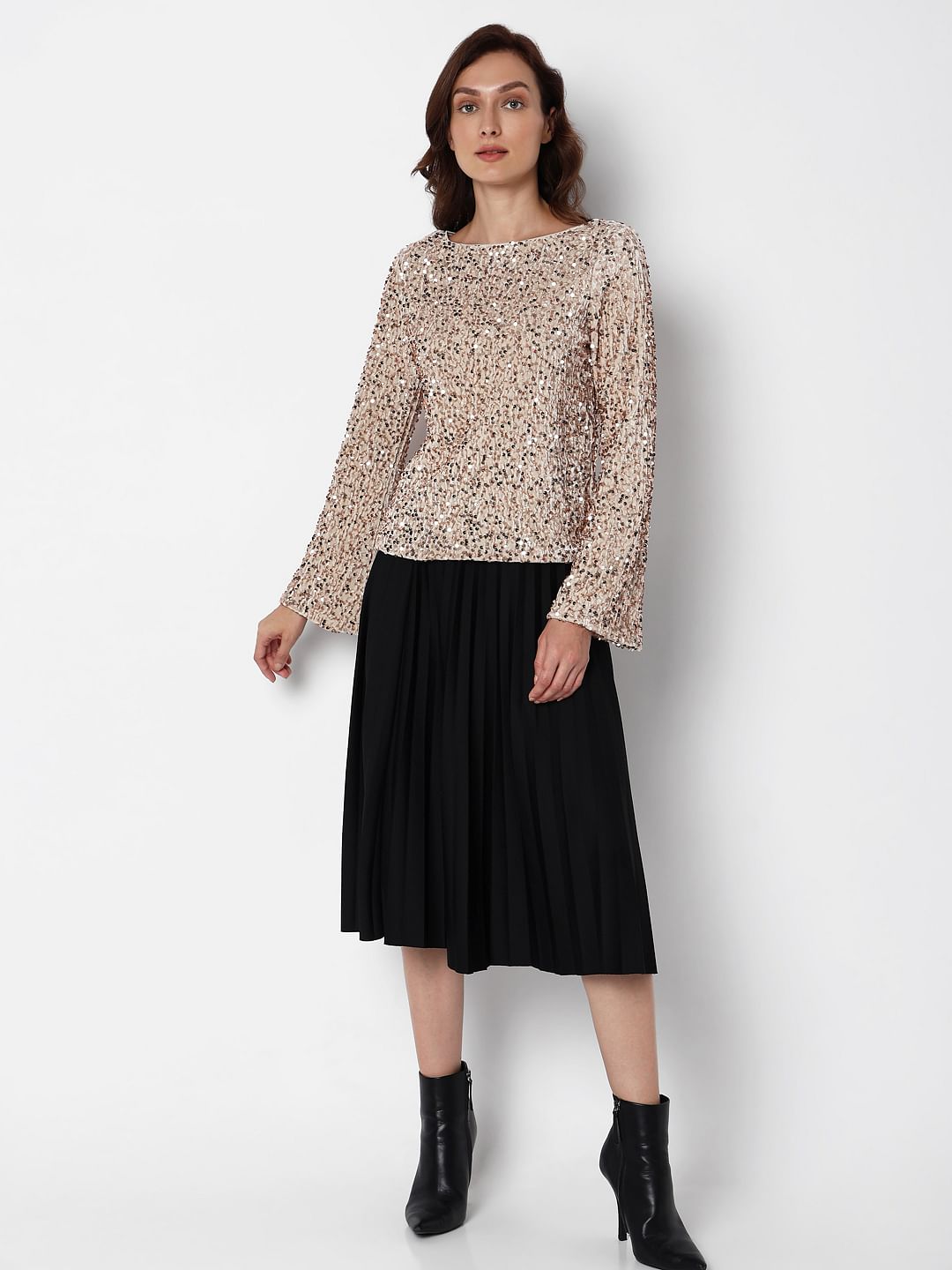 Beige Sequinned Boat Neck Top