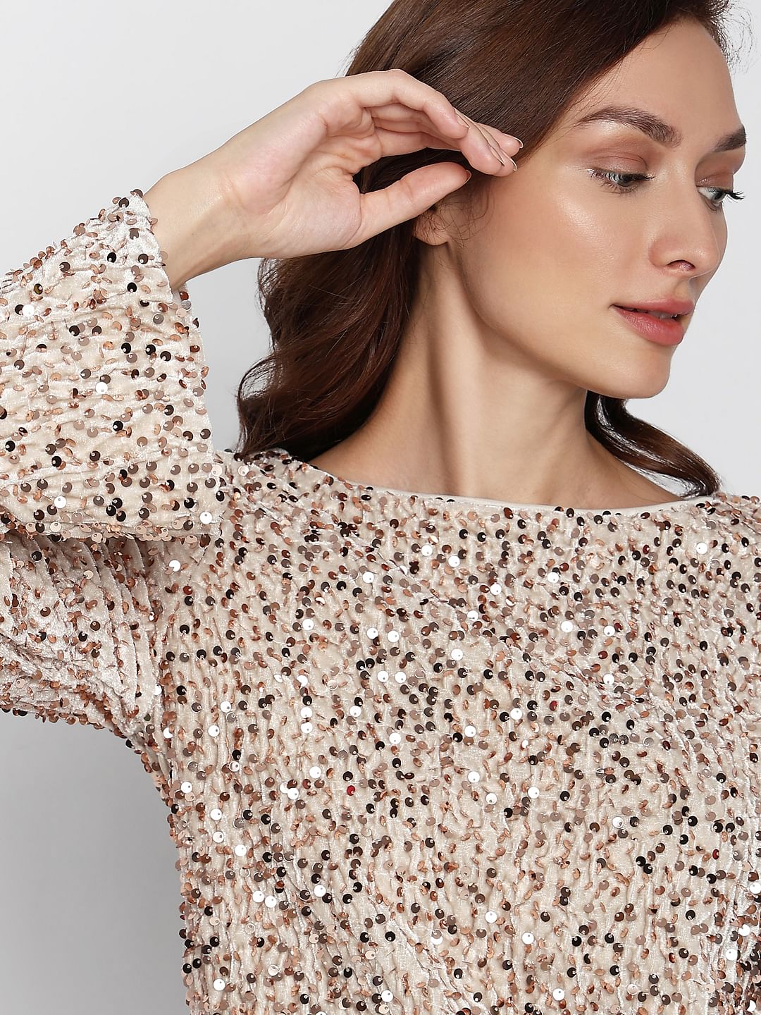 Beige Sequinned Boat Neck Top