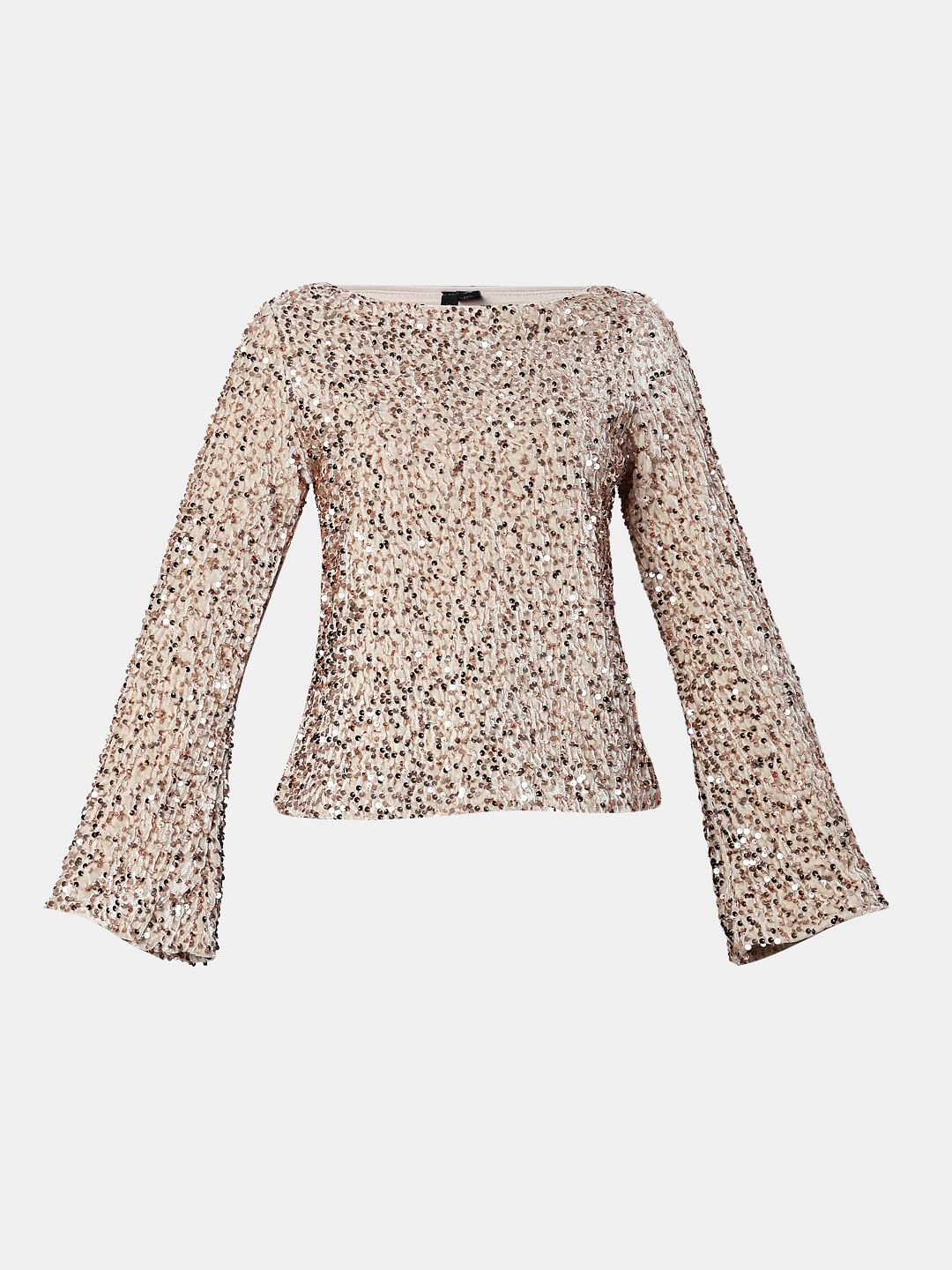 Beige Sequinned Boat Neck Top