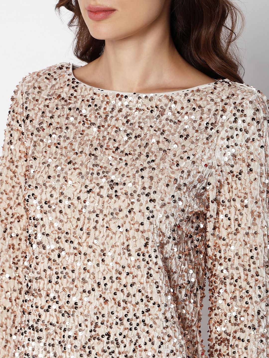Beige Sequinned Boat Neck Top