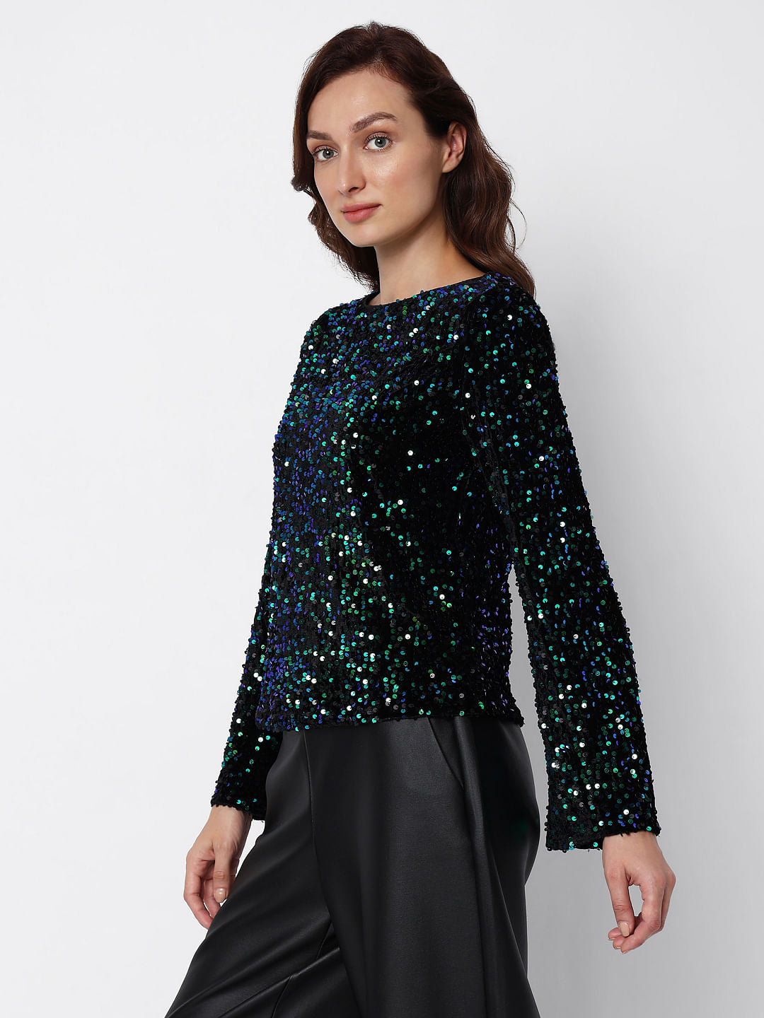 Black Sequinned Boat Neck Top